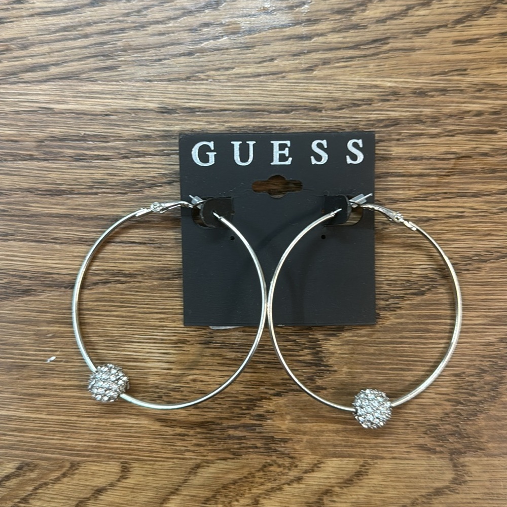 Guess NWOT  Silver Hoops/Dangle with Crystal Like Balls Earrings